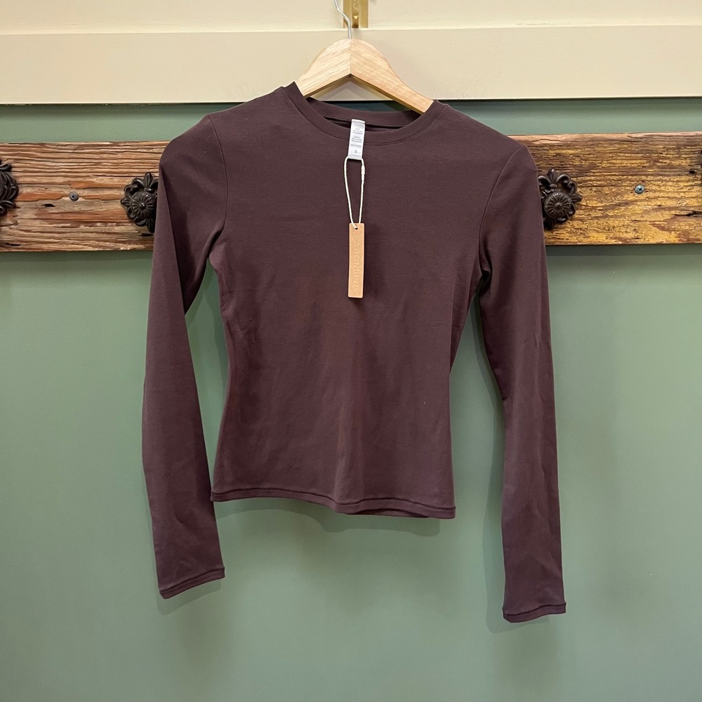 Abonlen Womens Long Sleeve Crewneck Slim Fit Cotton Stretch Top Brown Size S NWT